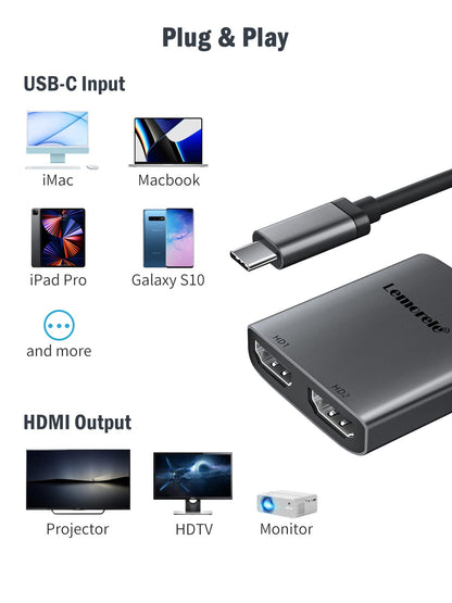 Lemorele USB C to Dual HDMI Adapter 4K @60Hz, USB to HDMI Converter for MacBook Pro (2016-2023), MacBook Air (2018-2024), Windows,Linux, Chromebook Pixel, XPS 15/14, Surface GO etc