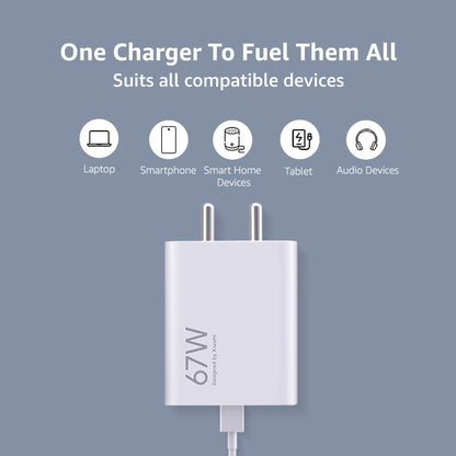 MI Xiaomi 67W Fast Charger USB-C Charging Adapter - Quick Charge 4.0 Power Delivery PD Charger with Cable for Redmi Note, Poco, Mi Phone Series (White)