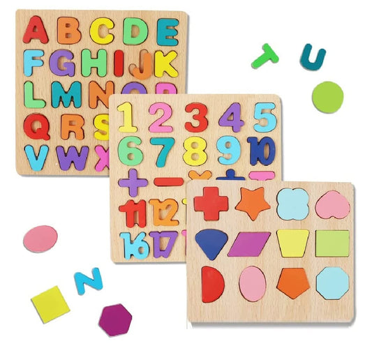 Chocozone Wooden Learning Educational Game Board for Kids, Puzzle Toys for 2 Years Old Boys & Girls (Alphabets, Numbers & Shapes)