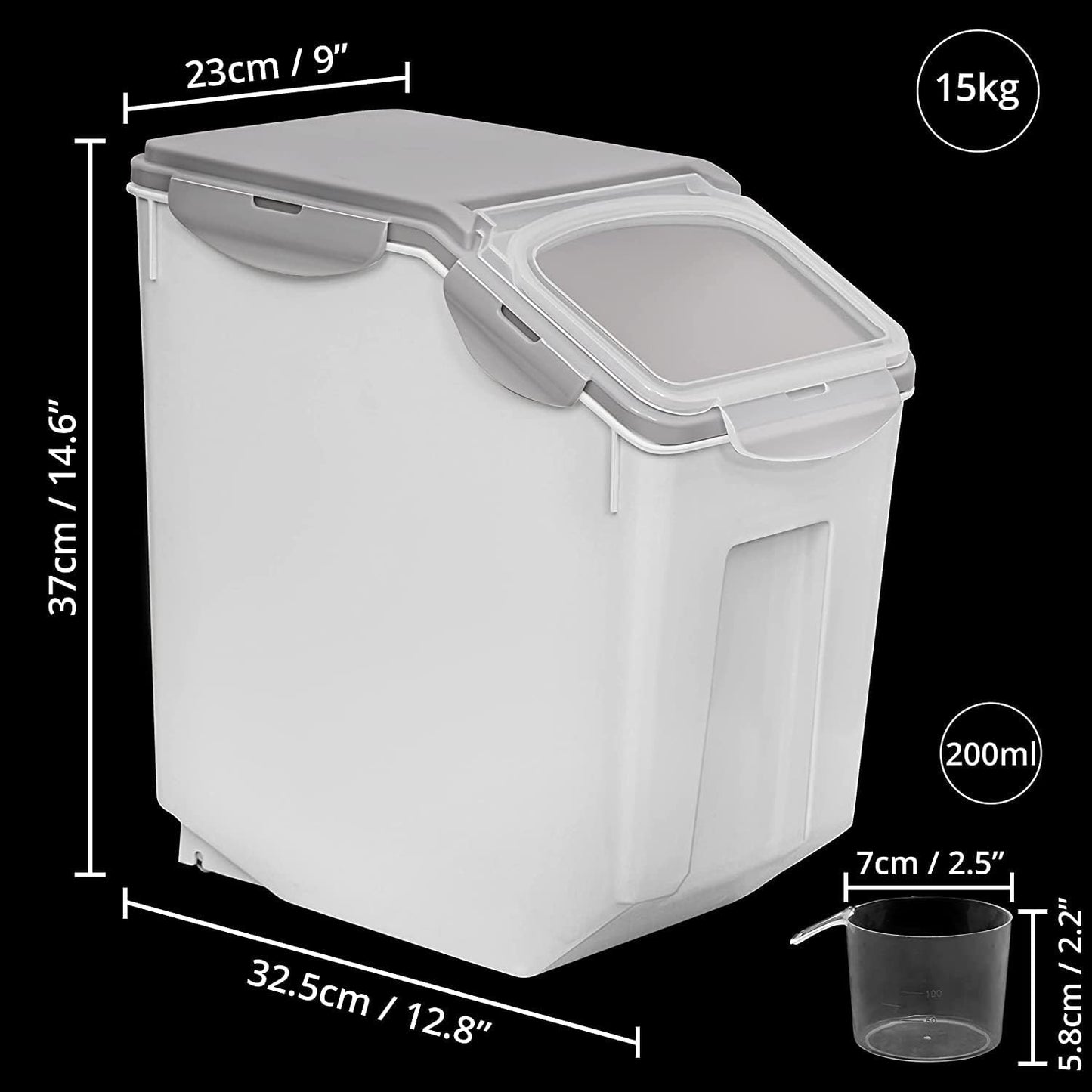 ABOUT SPACE 15-Kg Rice Dispenser (2 Pack) Airtight Rice Storage Container with Measuring Cup - Rice Barrel Dispenser -Moisture Proof Kitchen Organiser for Cereals, Pulses & Pet Food- Grey, Plastic