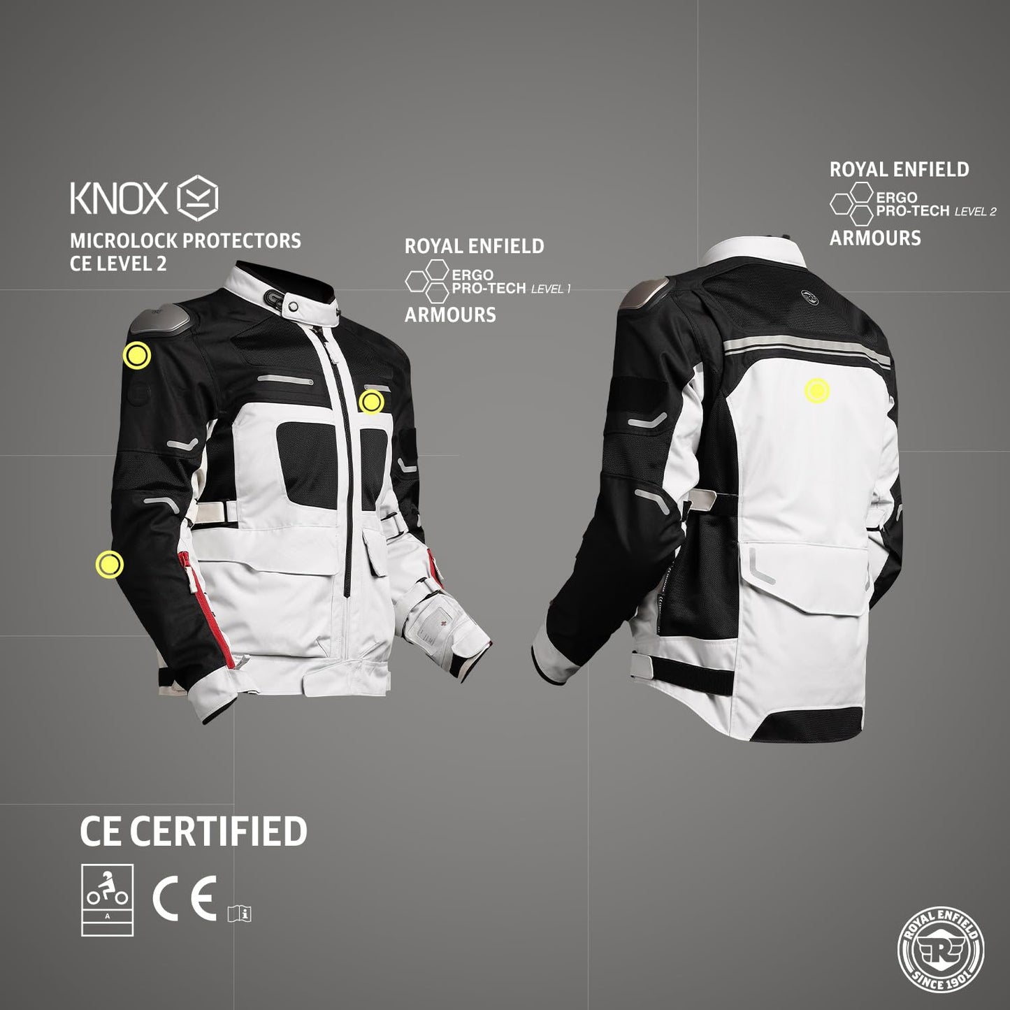 CROSSROADER JKT LIGHT GREY 44 CM-Knox CE Level 2 Protectors At Shoulders And Elbow, Ergo Protech Armours CE Level 1 At Chest Ce Level 2 At Back For Excellent Impact Protection