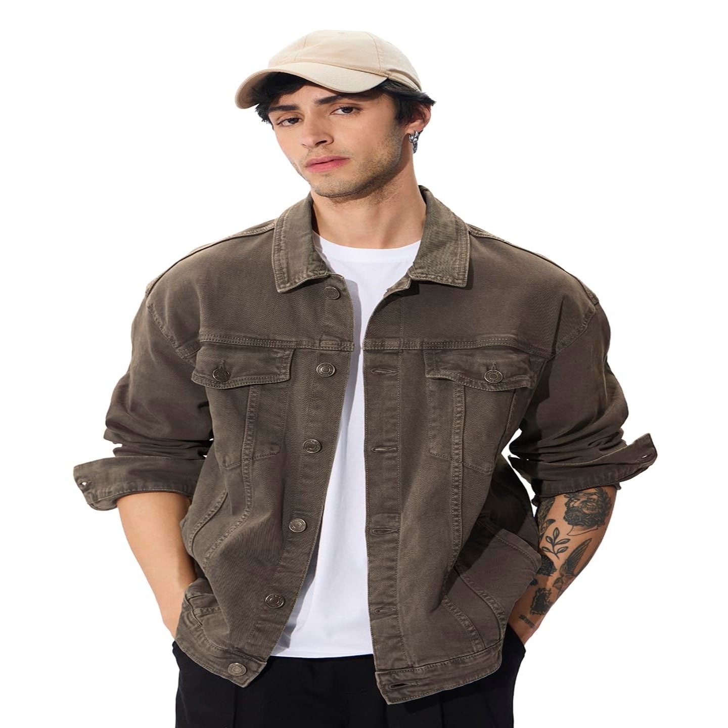 The Souled Store Stone Olive Men and Boys Long Sleeves Collared Neck Button Front Cotton Oversized Denim Jacket