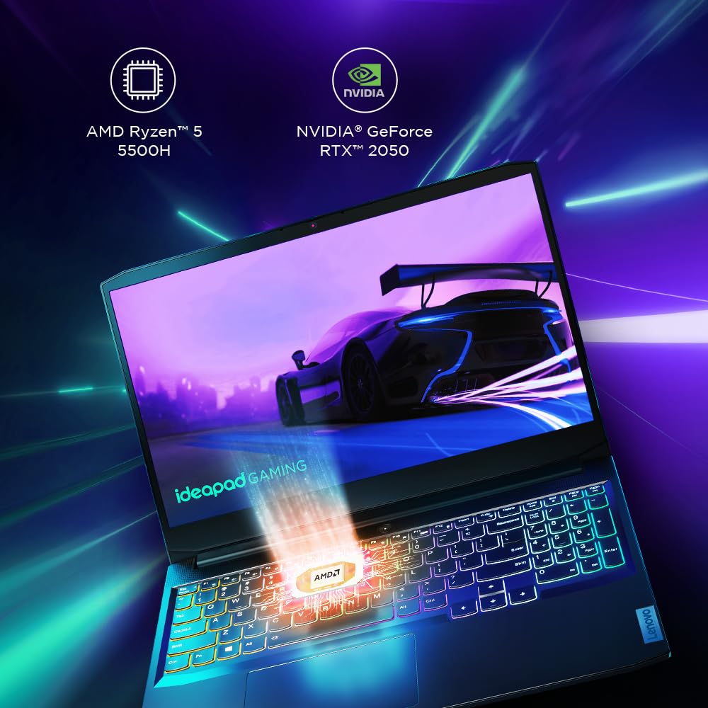 Lenovo [Smart Choice Ideapad Gaming 3 Laptop AMD Ryzen 5 5500H 15.6" (39.62Cm) Fhd IPS 300Nits 144Hz (8Gb/512Gb Ssd/Win11/Nvidia RTX 2050 4Gb/Alexa/3 Month Game Pass/Shadow Black/2.32Kg),82K20289In