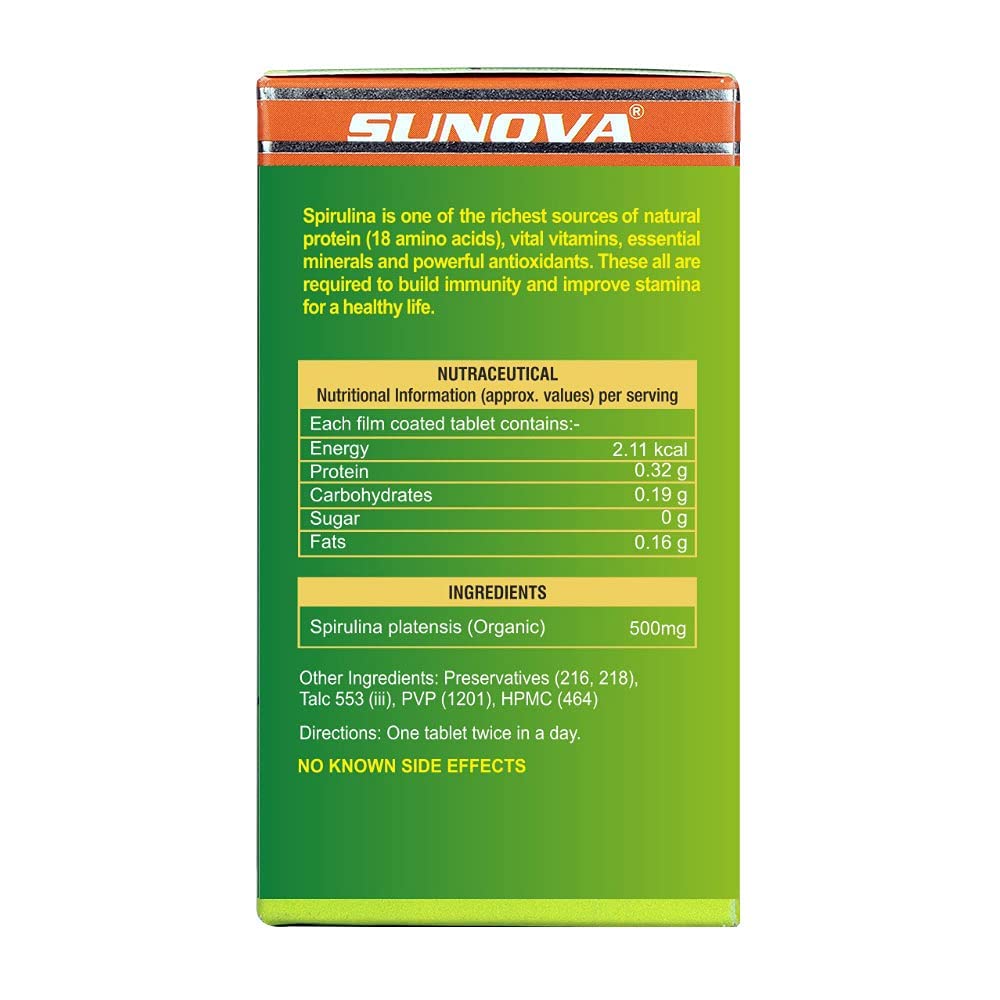 SUNOVA Organic Spirulina Tablets – Nature’s Own Superfood and Nutritional Supplement ,Spirulina and Blue-Green Algae for Full Body Support – 60 Tablets