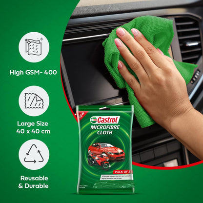 Castrol Microfibre Cloth for Cleaning | 400 GSM Thick Lint & Streak-Free Multipurpose and Reusable Cloth | High Water Absorption and Retention for Effortless Cleaning (Pack of 3, 40x40cm)