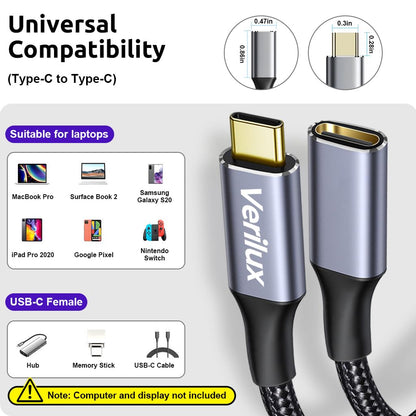 Verilux Usb C Extension Cable,6.6Ft Usb Type C Male To Female Cable Support 100W Pd Fast Charging,10Gbps Data Transfer,4K@60Hz Hd Video Output Compatible With iPad Pro,Macbook Pro,Dell,Grey