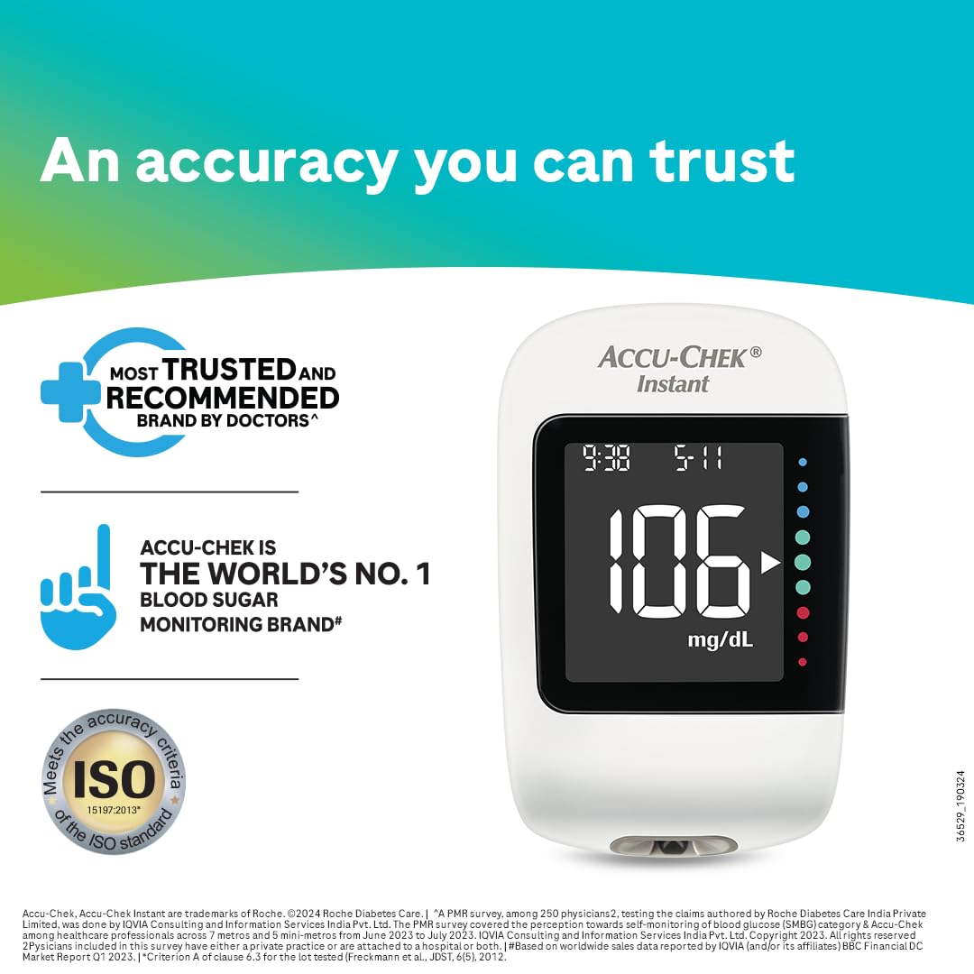 Accu-Chek Instant Blood Glucose Glucometer (with Bluetooth) with Vial of 10 Strips, 10 Lancets and a Lancing Device FREE for Accurate Blood Sugar Testing