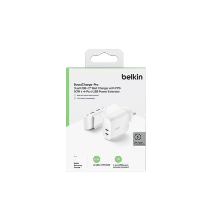 Belkin 60W (30w + 30W) Dual USB-C PPS Fast Charging Wall Charger/Adapter with 4-Port (2 USB-C & 2 USB-A) 2 Meter Power Extender for iPhone 15, 14, 13, 12, iPad & Other USB-C suported Devices - White