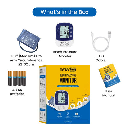 TATA 1mg Blood Pressure Monitor | Digital BP check machine for home | Large, backlit LCD Display & One Touch Operation | Free Travel Pouch | With USB cable & AA battery | Memory 99 sets for 2 users