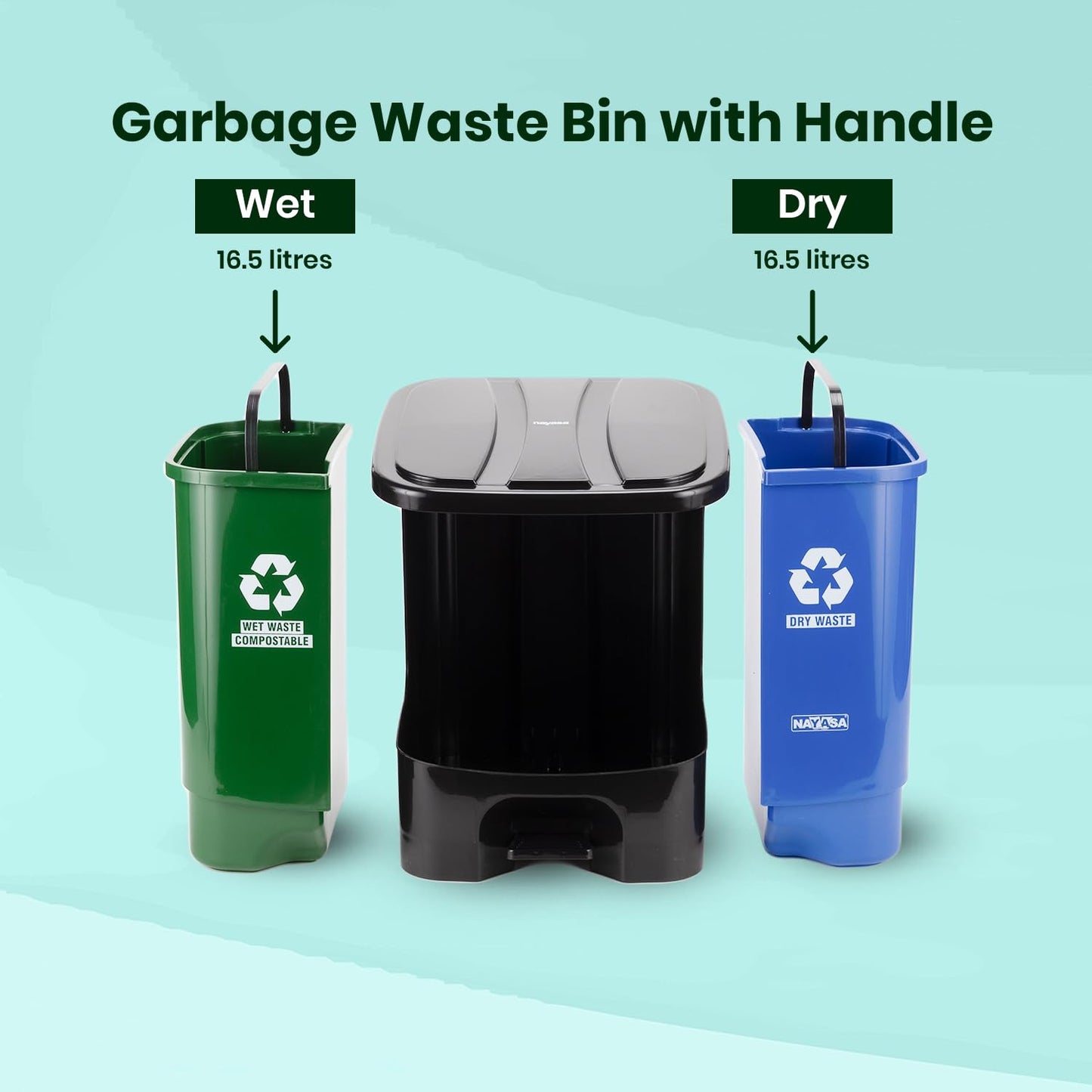 Nayasa Plastic 2 In 1 Dustbin Big | 33 Liter | Pedal Dustbin | With Lid and Detachable Bin | Garbage Waste Bin with Handle | Dustbin for Kitchen-Bathroom | Wet & Dry Waste Bin | Green & Blue