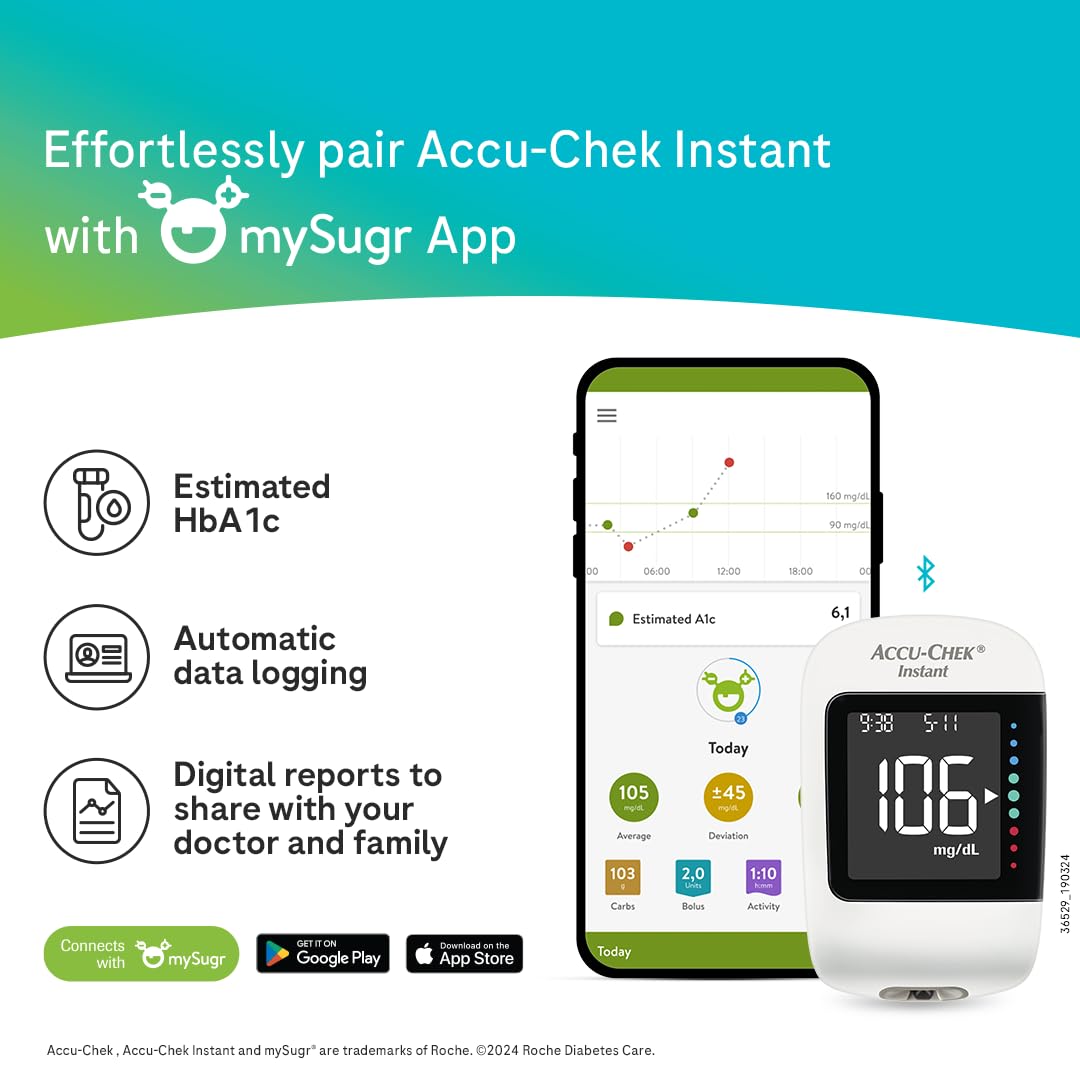 Accu-Chek Instant Blood Glucose Glucometer (with Bluetooth) with Vial of 10 Strips, 10 Lancets and a Lancing Device FREE for Accurate Blood Sugar Testing