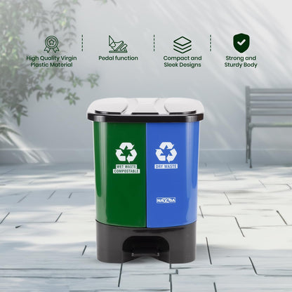 Nayasa Plastic 2 In 1 Dustbin Big | 33 Liter | Pedal Dustbin | With Lid and Detachable Bin | Garbage Waste Bin with Handle | Dustbin for Kitchen-Bathroom | Wet & Dry Waste Bin | Green & Blue