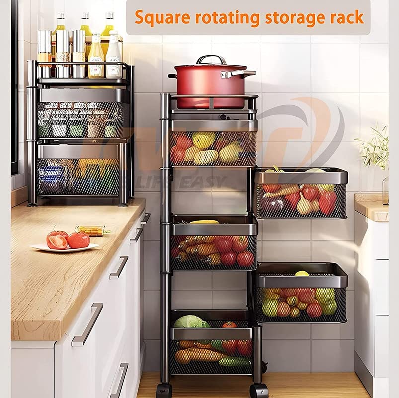 KWER Kitchen Trolley Square Onion Baskets for Storage, Kitchen Accessories Items and Vegetable Basket for Kitchen Organizer Items and Storage Portable Kitchen Accessories with Wheels(Black,Layer-5)