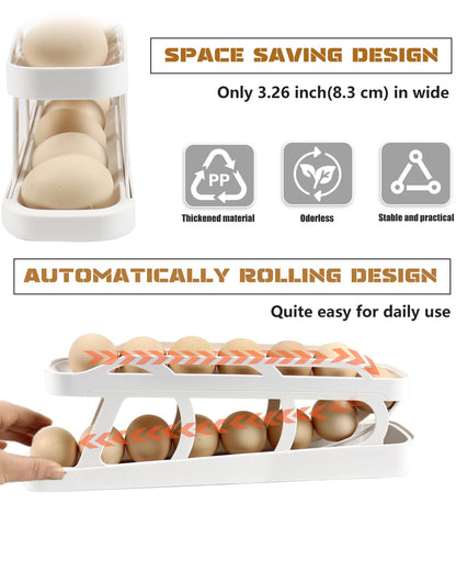 HAHOME Egg Holder for Fridge, Egg Dispenser Auto Rolling Egg Tray Storage and Organizer, Space-Saving Egg Roller for Refrigerator, White 2PCS