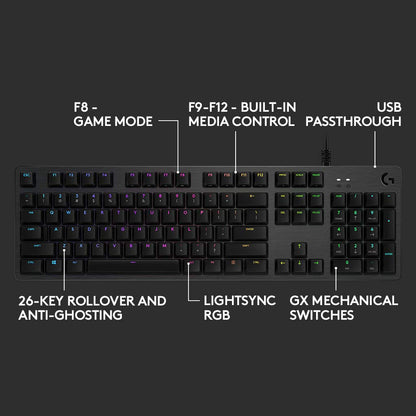 Logitech G512 Mechanical Gaming Keyboard,RGB Lightsync Backlit Keys,GX Brown Tactile Key Switches,Brushed Aluminum Case,Customizable F-Keys,USB Pass Through - Black