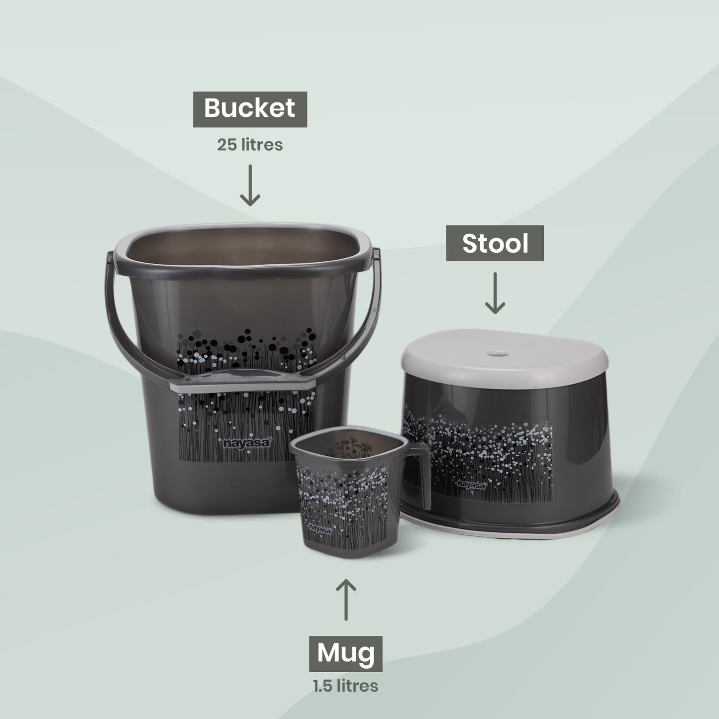 Nayasa Plastic Funk Sqr 3 Pcs Bathroom Set | Bucket 25 L + Mug 1.5 L + Stool | Bathroom Accessory Set Plastic | Bathroom Set | Bath Set for Bathroom | Black