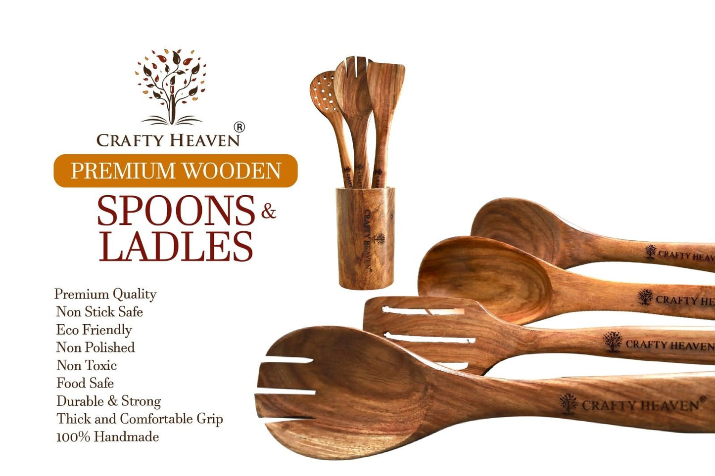 CRAFTY HEAVEN Wooden Spoon Set for Cooking Natural Sheesham Lakdi Chamach Set Handmade Kitchen Items Include Frying, Serving, Spatula, Chapati, Rice Spoons Nonstick Safe Ideal for Gifting Set of 7