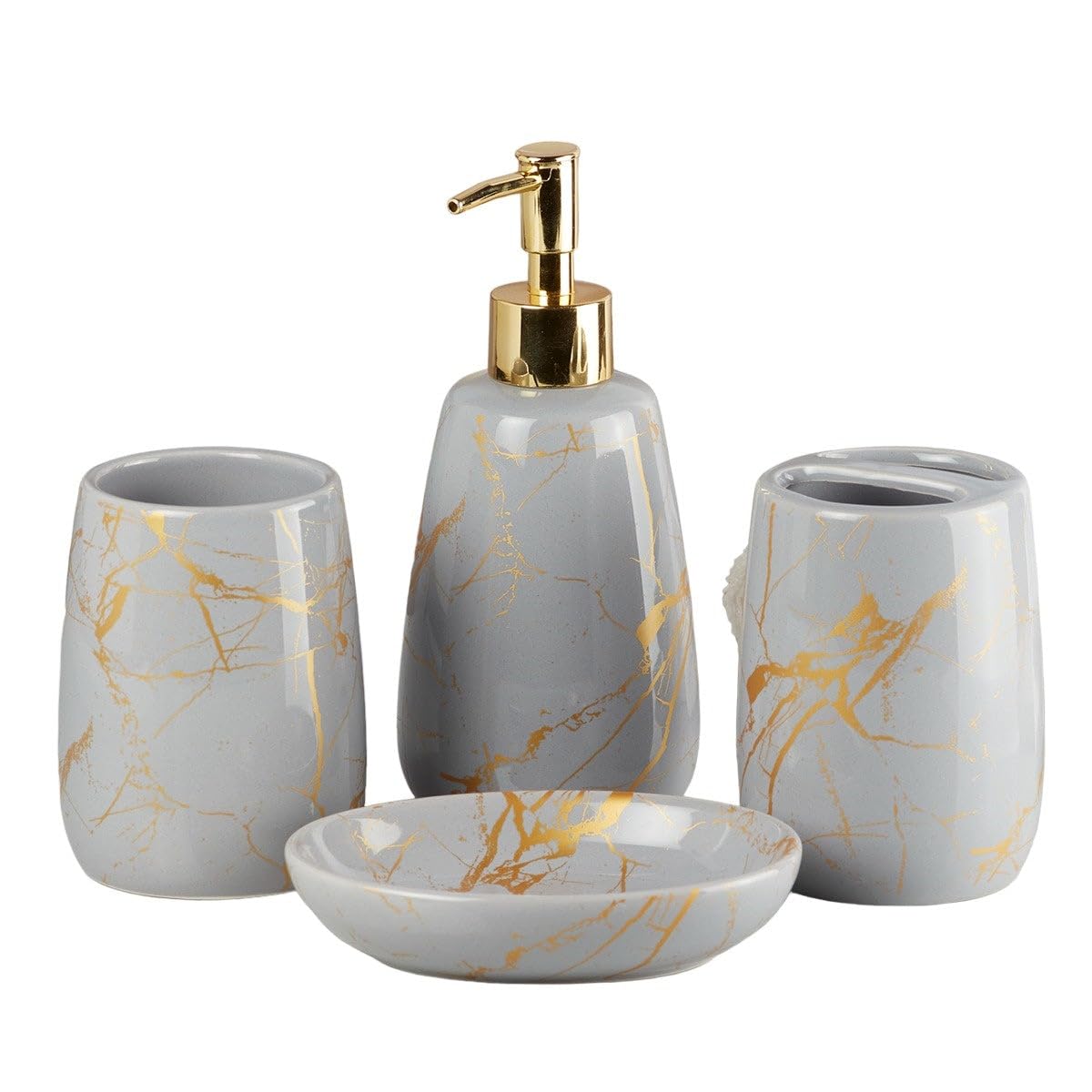 Kookee Ceramic Bathroom Accessories Set of 4, Modern Bath Set with Liquid handwash Soap Dispenser and Toothbrush Holder, Luxury Gift Accessory for Home, Grey/Gold (8684)