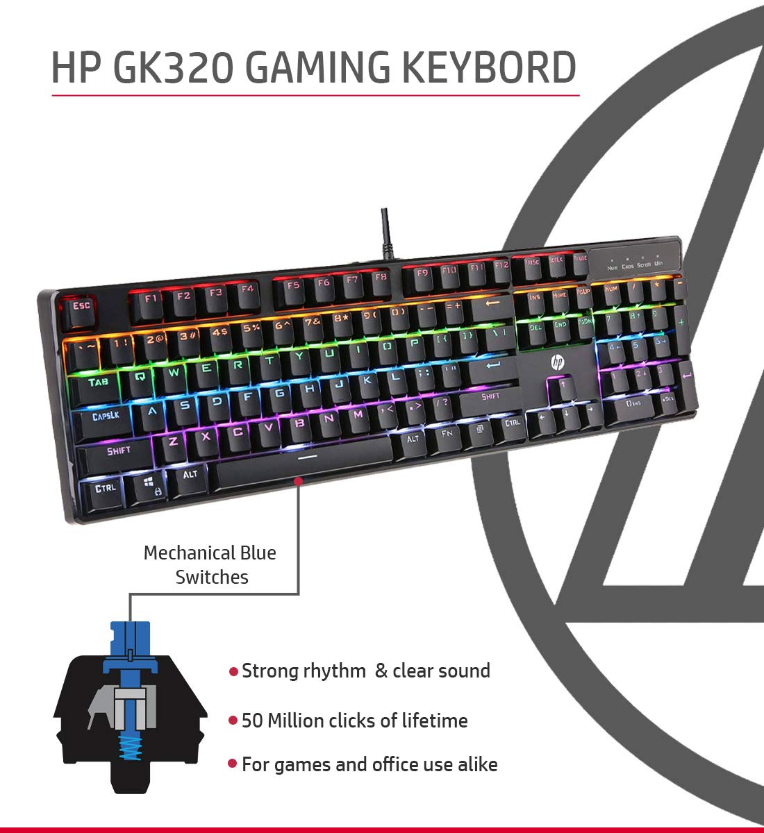 HP GK320 Wired Full Size RGB Backlight Mechanical Gaming Keyboard, 4 LED Indicators, Mechanical Switches, Double Injection Key Caps, and Windows Lock Key