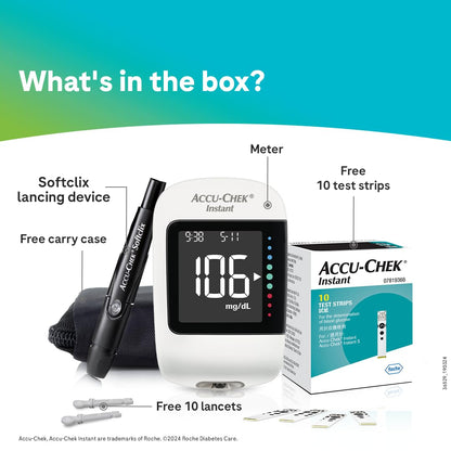 Accu-Chek Instant Blood Glucose Glucometer (with Bluetooth) with Vial of 10 Strips, 10 Lancets and a Lancing Device FREE for Accurate Blood Sugar Testing