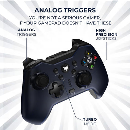 EvoFox Elite X Wireless Gamepad for PC with 2 Programmable Macro Back Buttons, Adjustable Dual Vibration Motors,Turbo Mode,Analog Triggers, High Precision joysticks,Low Latency Plug and Play,Free USB Extender,Translucent Shell Controller for pc (Blue)