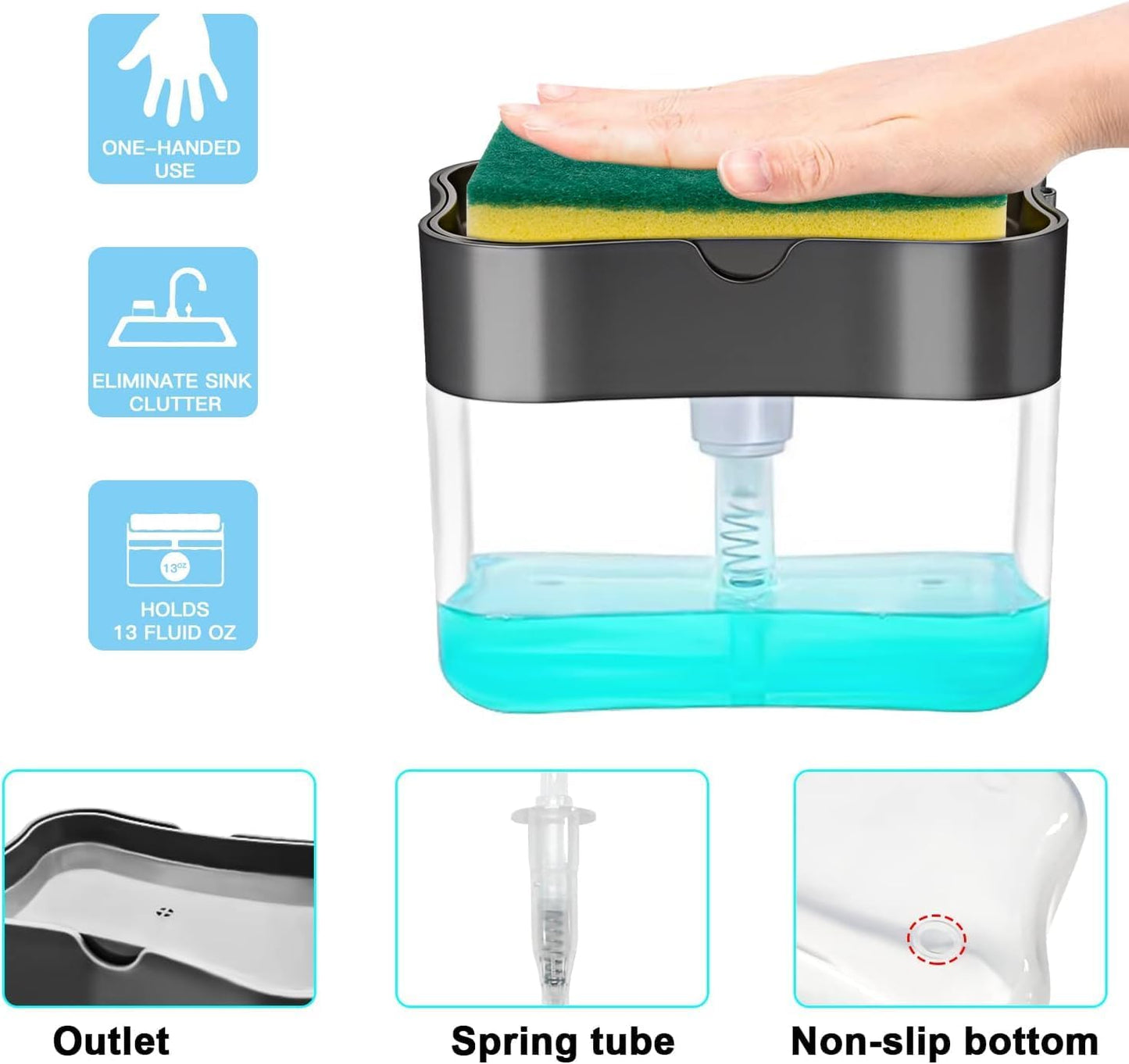 Wazdorf 2 in 1 Soap Dispenser for Bathroom Accessories Dishwasher Liquid Holder Liquid Dispenser Pump 400 ML with Sponge Holder Kitchen Sink Accessories Items (Square soap Dispenser)