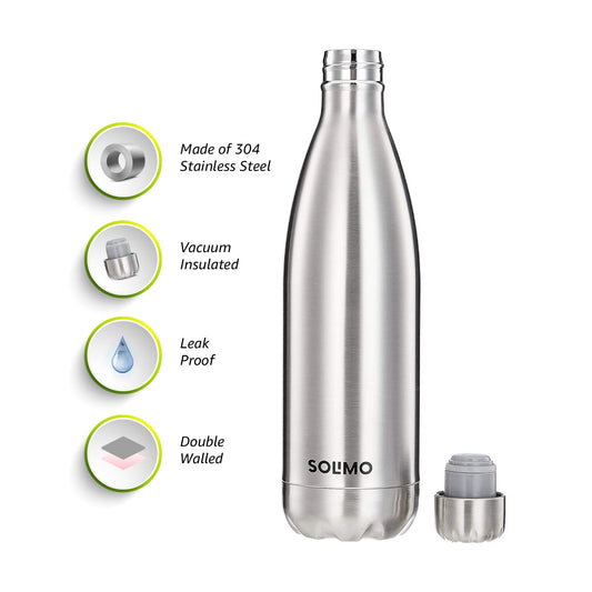 Amazon Brand - Solimo 1000ml Stainless Steel Insulated (Thermosteel) Water Bottle | 24 Hours Hot and Cold | Leakproof, Rust and Corrosion Resistant| For Travel, Office, Trekking, Home (Silver)