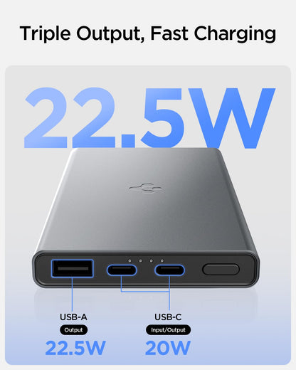 Spigen Durable Alloy Power Bank 10,000mAh, 22.5W Fast Charging Power Bank with PD3.0 20W for 2 USB-C Ports, QC3.0 22.5W for 1 USB-A Port - Dark Silver