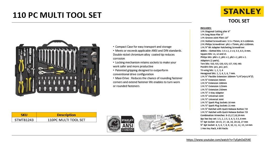 Stanley STMT81243 110-Piece High Quality Multi-Toolkit containing Pliers, Spanners, Drivers, Sockets, Bits, Wrenches & Ratchets for Home, DIY & Professional Use, 1 Year Warranty, Yellow & Black