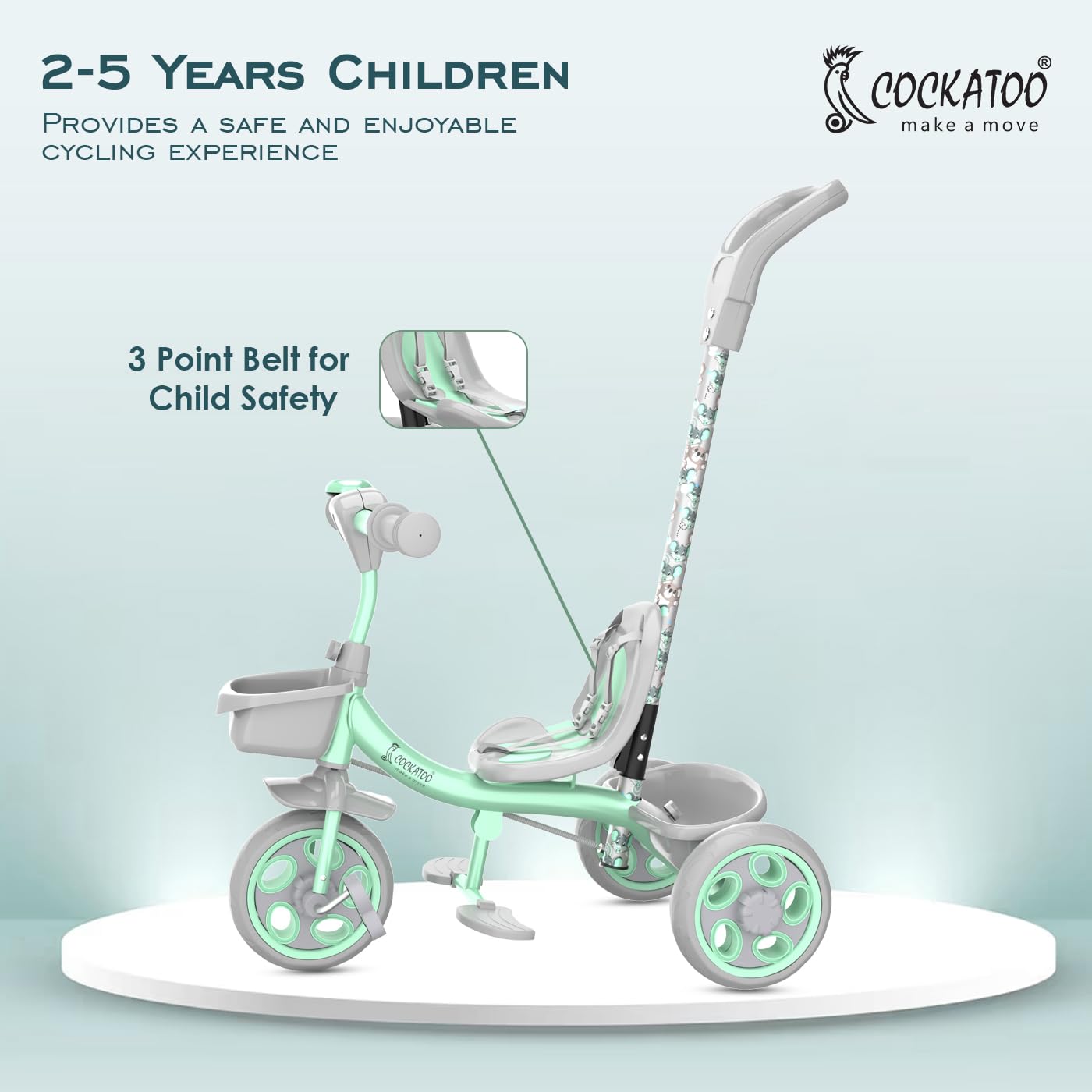 Cockatoo Star-Cruise Tri Cycles for Kids 2-5 Years, Kids Cycle for 2-5 Years with Printed Parental Contral Handle, Tricycle with EVA Wheels,Basket & Bell,Baby Cycle Colour- Sea Green