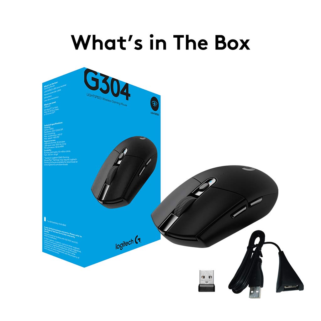 Logitech G304 Lightspeed Wireless Gaming Mouse, Hero Sensor, 12,000 DPI, Lightweight, 6 Programmable Buttons, 250h Battery Life, On-Board Memory, Compatible with PC/Mac - Black