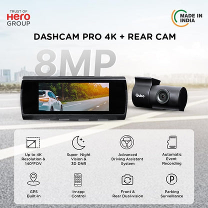 Qubo Car Dash Camera True 4K HDR 2160P UHD Dual Channel from Hero Group, SONY STARVIS IMX415 Sensor, Made in India, ADAS, Rear 1080P, GPS Log, 2.8" Display, 140° Wide Angle, Supports Up to 1TB SD Card