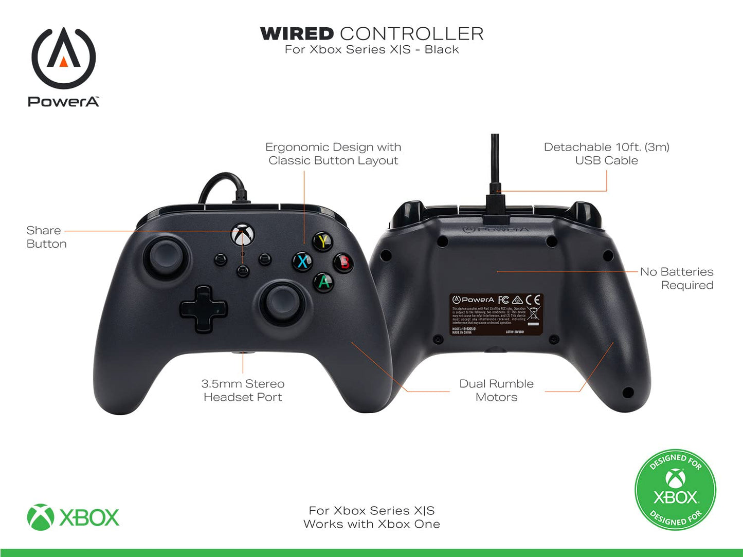 PowerA Wired Gaming Controller for Xbox Series X/S, Xbox One, PC, Windows 10/11, Black (Officially Licensed)