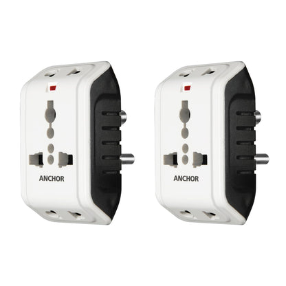 ANCHOR 6A 3 Pin Multi Plug Socket Travel Adapter with Universal Socket, 3 Pin Multi Plug Extension Socket (White - PK2)