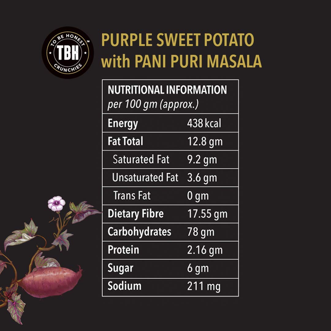 TBH - To Be Honest Vegetable Chips | Purple Sweet Potato with Pani Puri Masala |Gluten Free|High Fibre |Vegan Friendly | Low Fat | 50% Less Oil | No Preservatives Snack - Pack of 3 (75 gm * 3)