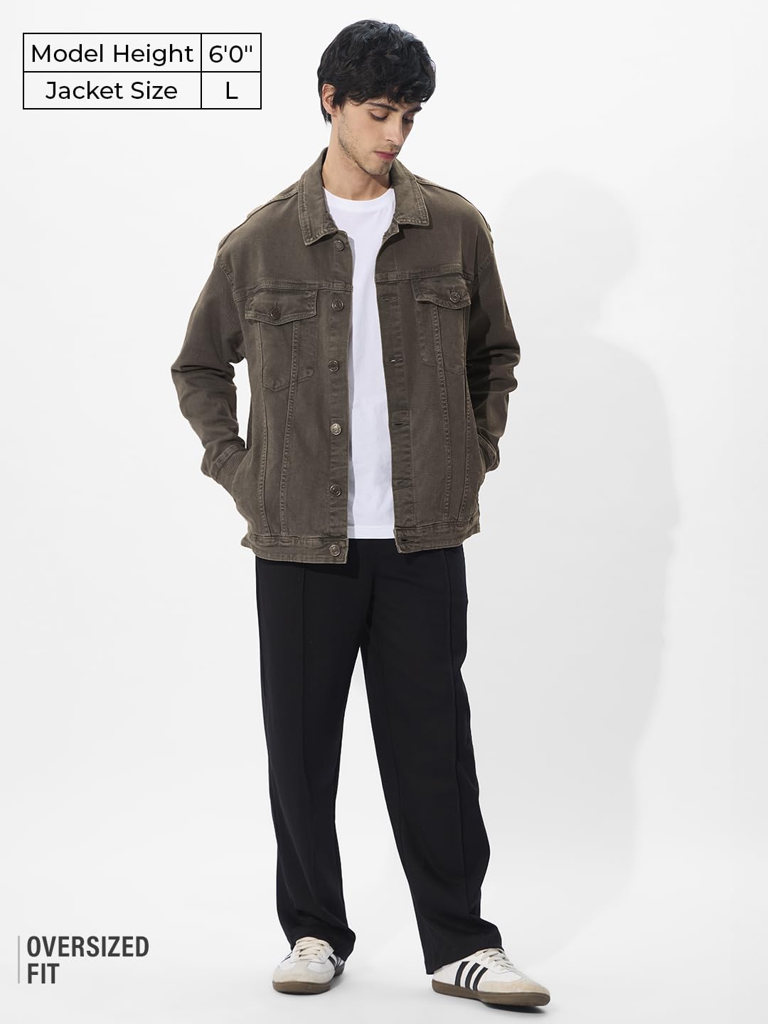 The Souled Store Stone Olive Men and Boys Long Sleeves Collared Neck Button Front Cotton Oversized Denim Jacket