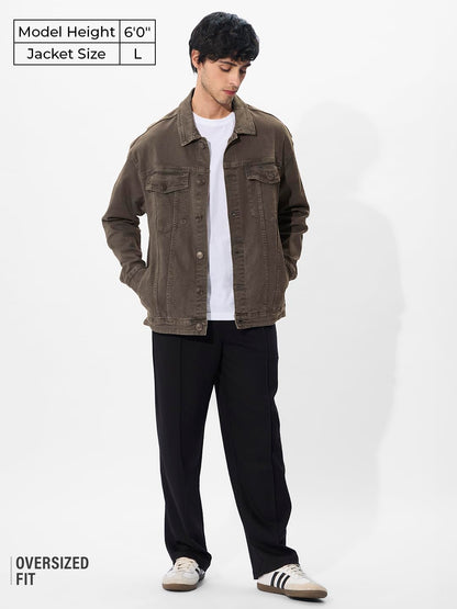 The Souled Store Stone Olive Men and Boys Long Sleeves Collared Neck Button Front Cotton Oversized Denim Jacket