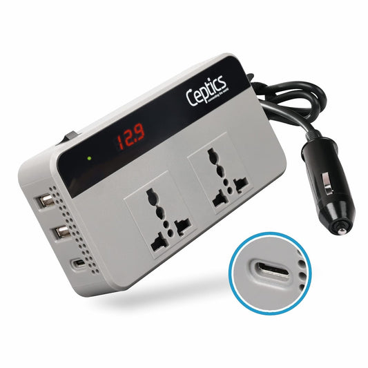 Ceptics 200W Car Laptop Charger/Power Inverter with 2 USB(3.1A Max) + 1 C Type(1 * 18W PD) Smart USB Charging Ports, 12V DC to 220V AC, 2X Universal AC Outlet, Grey, 18 Months Warranty