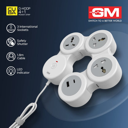 GM 4+1 G-Hoop Spike Guard with C & A Type USB-Master Switch,Indicator, Safety Shutter, 1.8 Mtr Wire with Overload Protection 3 International sockets & 2 USB Port 1 C Type 1 A Type 3.1A…