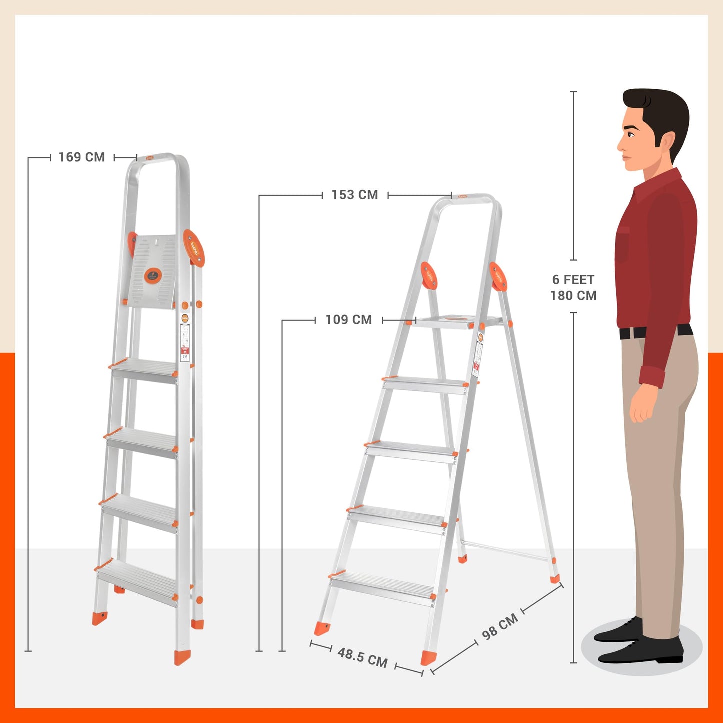 Bathla Advance 5-Step Foldable Aluminium Ladder for Home | Heavy Duty & Anti-Slip Steps | 5 Year Manufacturer Warranty | with Sure-Hinge Technology (Orange)