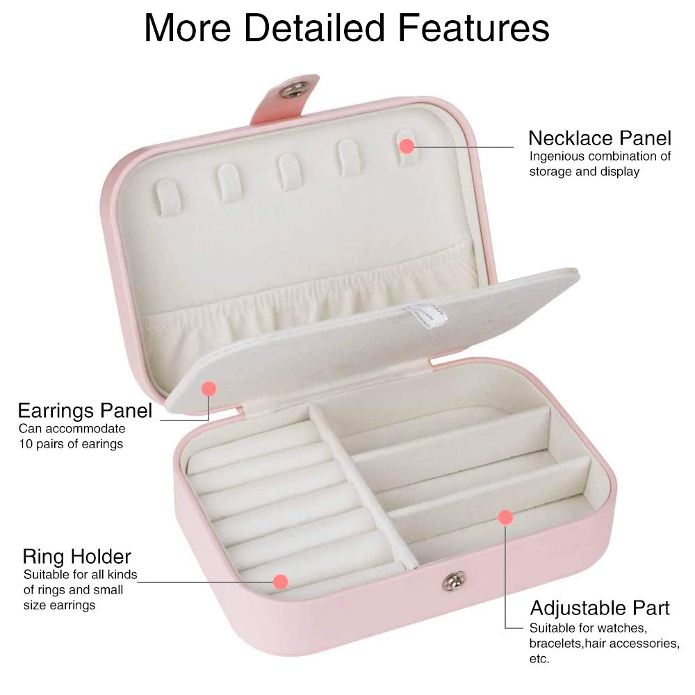 DREAM&GLAMOUR Faux Leather Travel Jewelry Organizer Box, Easy Carry Jewelry Box For Traveling, Gift Jewelry Case For Women, Girls(Earing, Necklace, Ring, Watch, Bracelet, Lovely Pink)