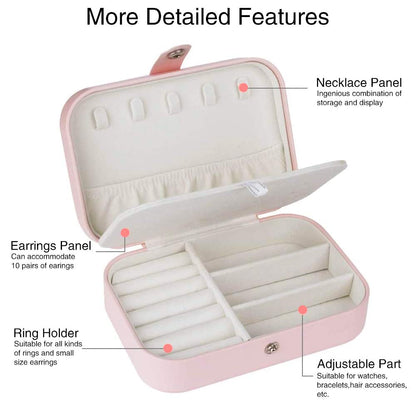 DREAM&GLAMOUR Faux Leather Travel Jewelry Organizer Box, Easy Carry Jewelry Box For Traveling, Gift Jewelry Case For Women, Girls(Earing, Necklace, Ring, Watch, Bracelet, Lovely Pink)