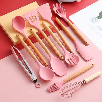 Klick n shop Silicone Kitchen Spatula and Utensils Spoon Set Cooking + Baking Set- 12 Pcs Non-Stick with Wooden Handle-BPA Free, Heat Resistant Item, Flexible Non Toxic Silicon Cookware Tools (Pink)