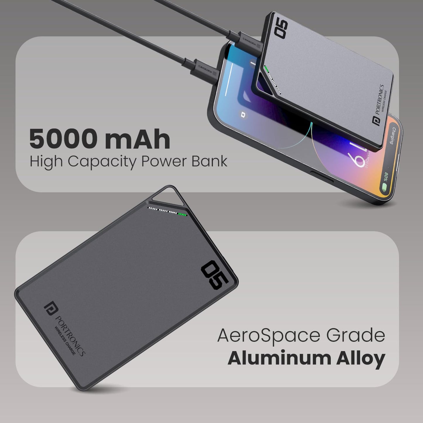 Portronics Boosty 5k 5000mAh 15W Wireless Magnetic Fast Charging Slimmest Powerbank, Metallic Finish, 20W Type C PD Output, Light Weight, Compatible with iPhone 12 Above, Other Qi Enabled Devices