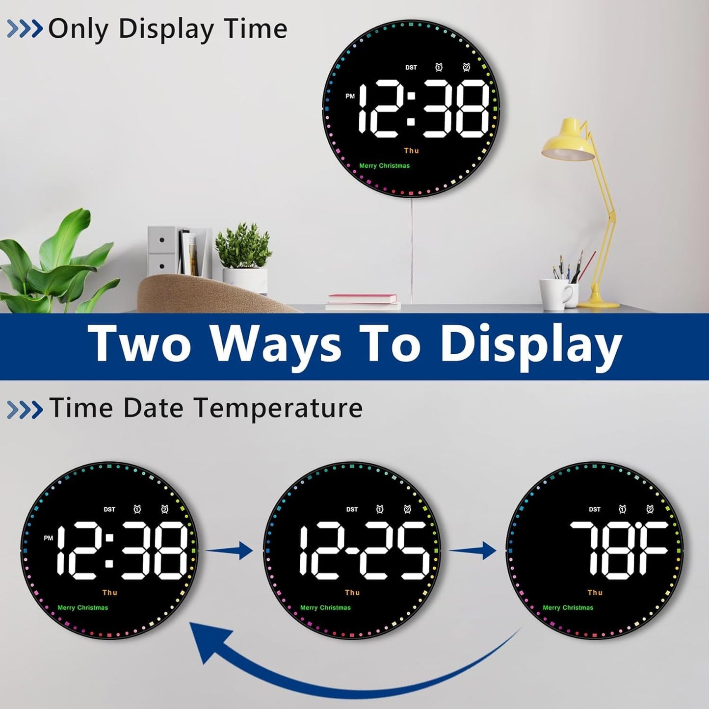 Monomine Digital Wall Clock,10" Digital Clock Large Display with Remote Control,Adjustable Brightness, Calendar, Temperature, 12/24 H, for Living Room Office Bedroom (Cable Oprated)