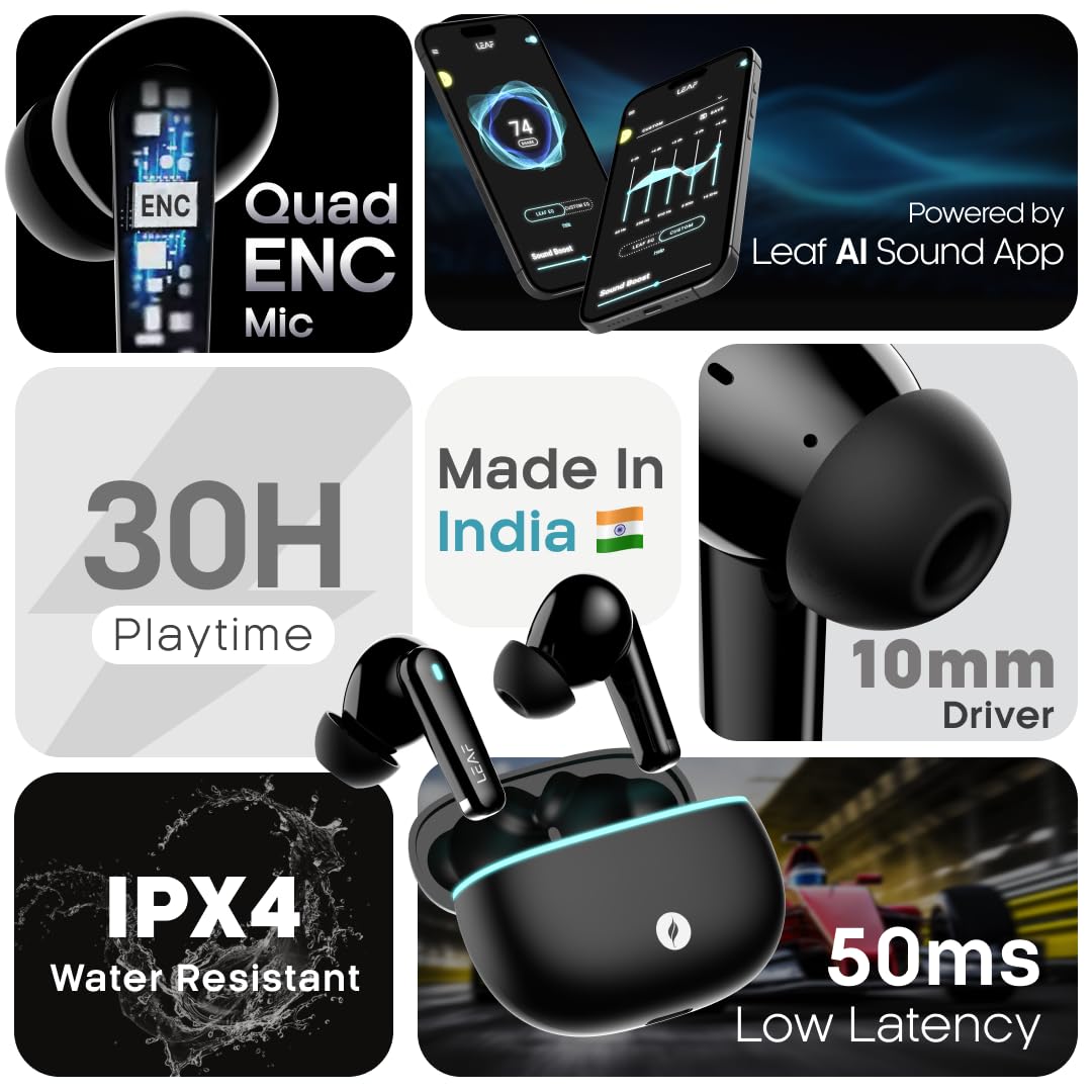 Leaf Buds X121 True Wireless in Ear Earbuds Ai Sound App, 30H Playtime, Quad Mic with Enc, 50Ms Low Latency, Fast Charging(10Min=200Min), 10Mm Driver, Ipx5, Bluetooth V5.4 TWS (Carbon Black)