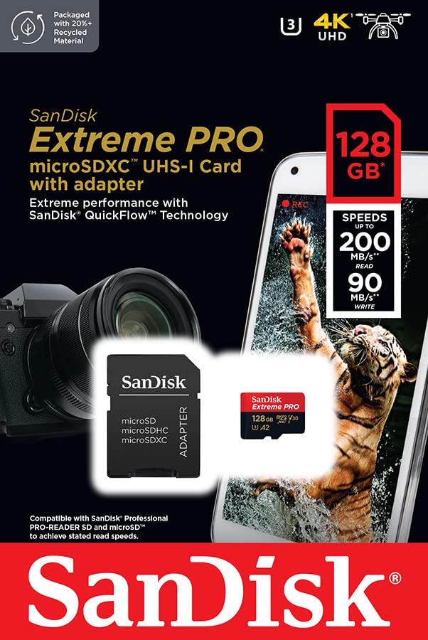 SanDisk Extreme Pro 128GB microSDXC UHS-I, V30, 200MB/s Read, 90MB/s Write, Memory Card for 4K Video on Smartphones, Action Cams and Drones