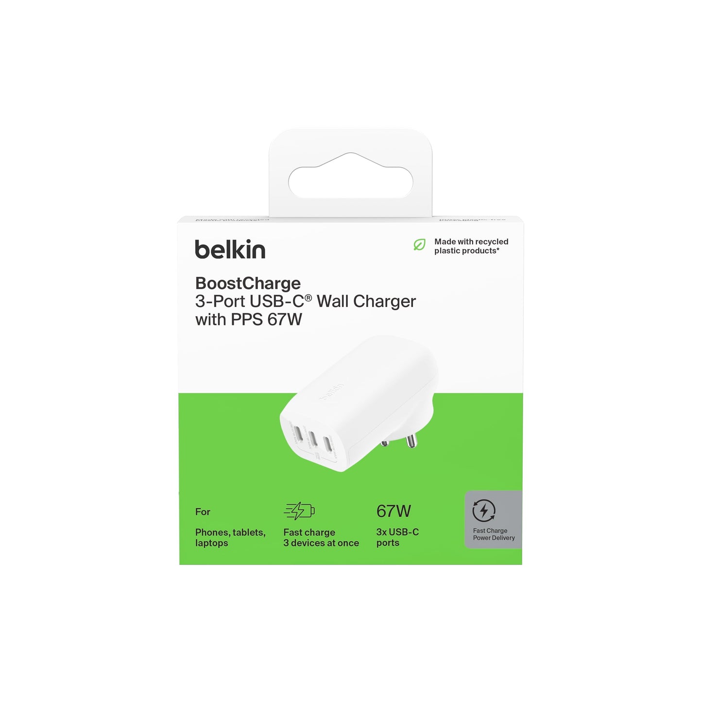 Belkin 67W (27W + 20W + 20W) Triple USB-C Pps Pd Wall Charger for Smartphone,White