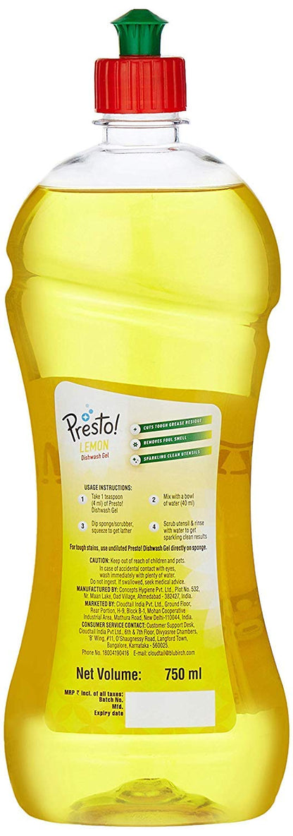 Amazon Brand - Presto! Dish Wash Gel Lemon -750 Ml (Pack Of 4)