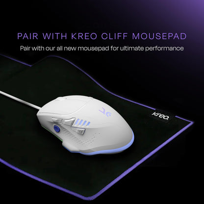 Kreo Hawk Gaming Mouse with Programmable Buttons & RGB Lighting | Top Pixart Sensor | Adjustable DPI with 1.5m Long Braided Cable and Optical Sensor | Lightweight & Durable (White)